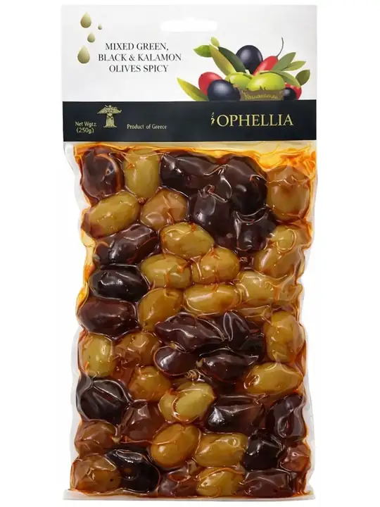 Mixed Green, Black & Kalamata Olives with Chili 250g