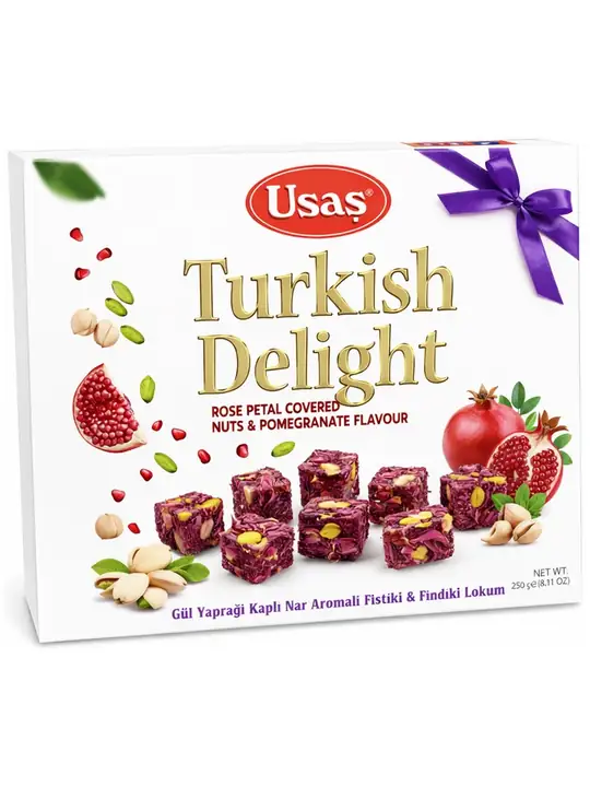 Rose Petal Covered Turkish Delight with Pomegranate, Pistachio & Hazelnut 250g